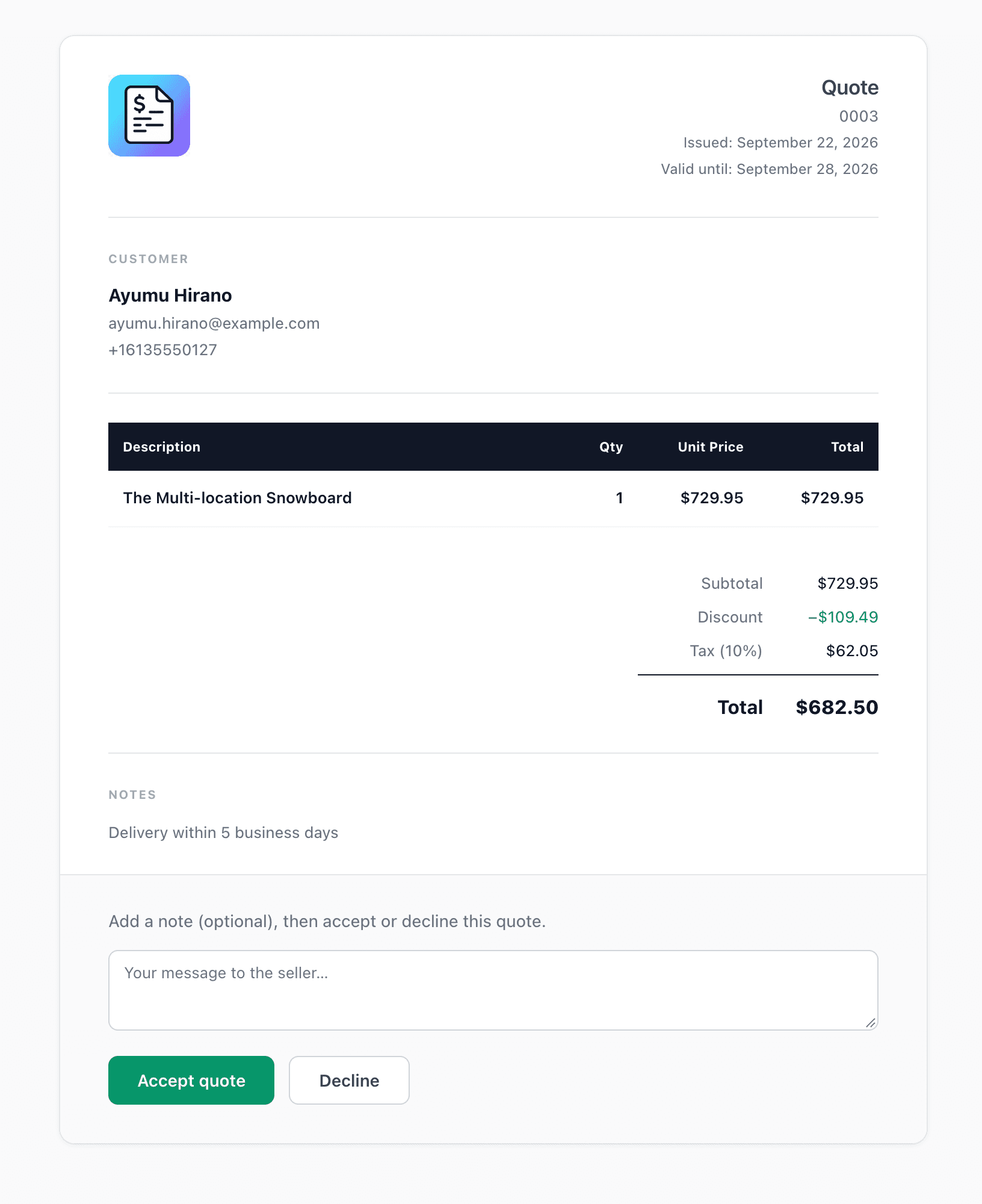 Client-facing quote approval page with line items, totals, and Accept or Decline buttons