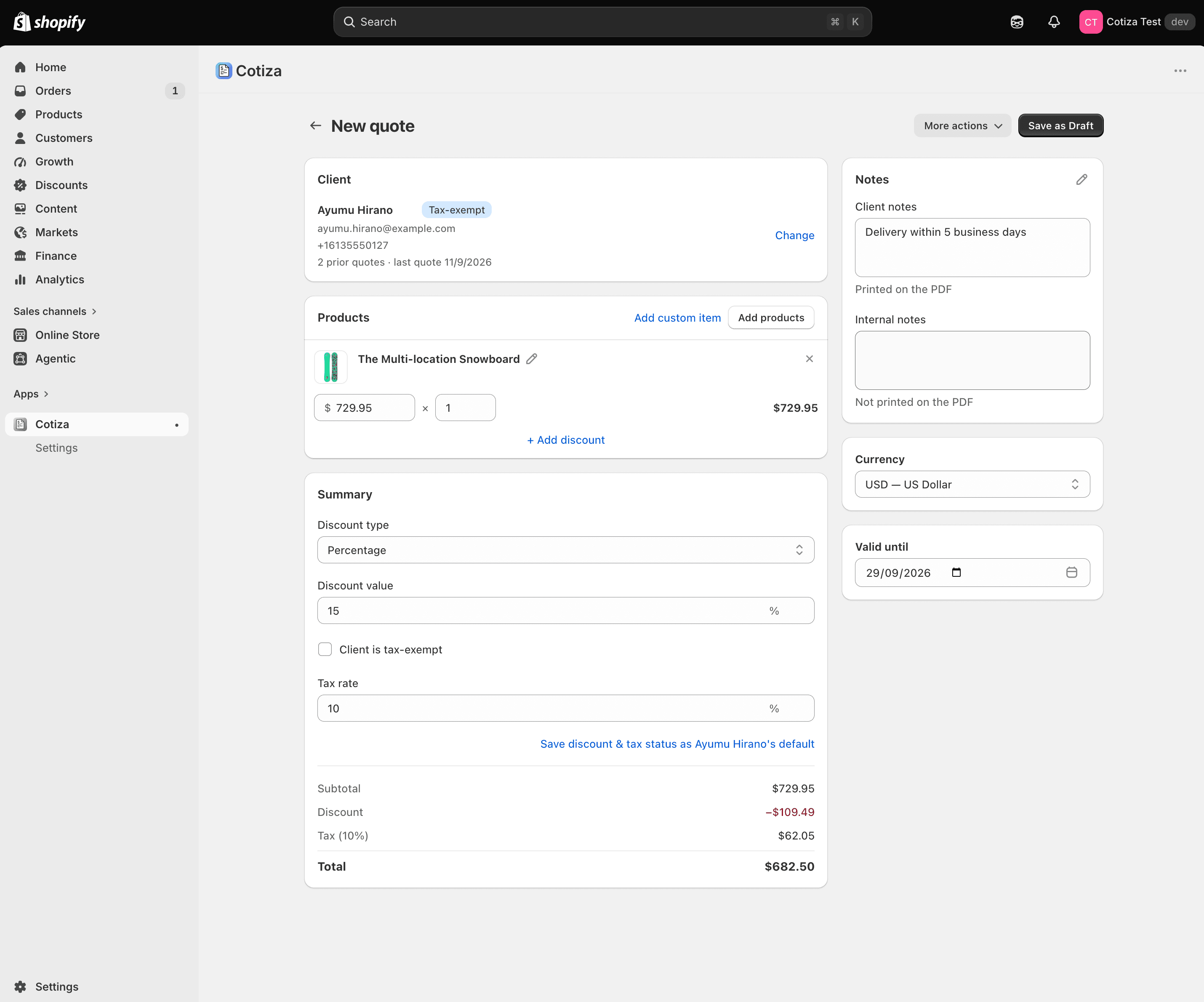 Cotiza quote builder inside the Shopify admin, showing a client, a product line item, and a discount and tax summary